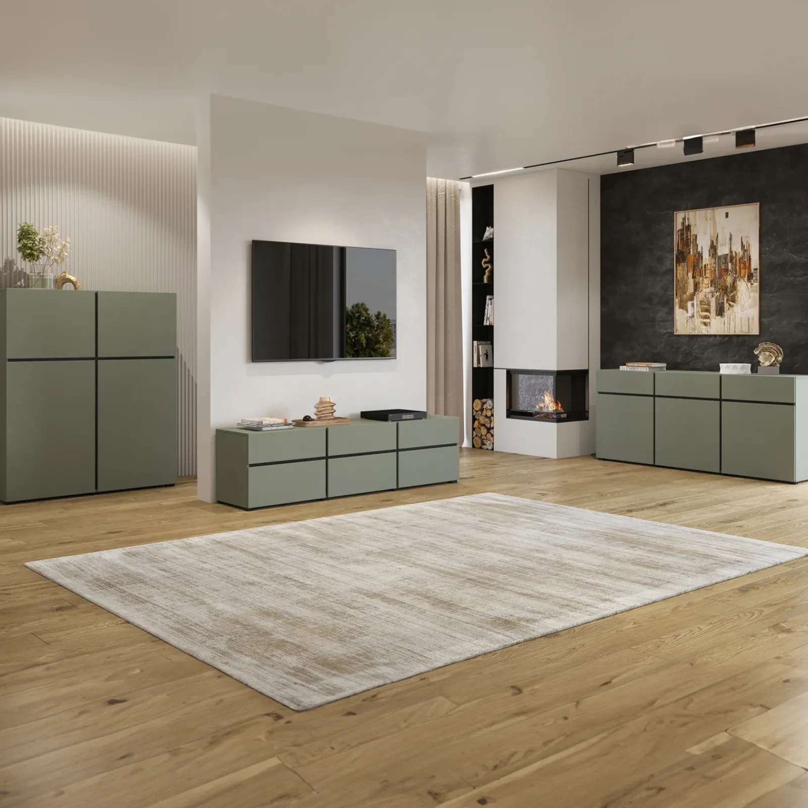 Garnero Arredamenti Mobile Tv Basso|Mobili Tv Moderni-Mobile porta TV 225x48h cm 4 ante a ribalta 4 cassetti moderno verde nero Lolla Verde Salvia