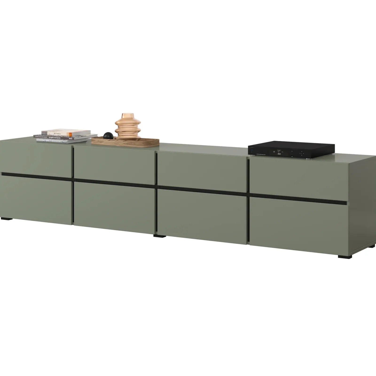Garnero Arredamenti Mobile Tv Basso|Mobili Tv Moderni-Mobile porta TV 225x48h cm 4 ante a ribalta 4 cassetti moderno verde nero Lolla Verde Salvia