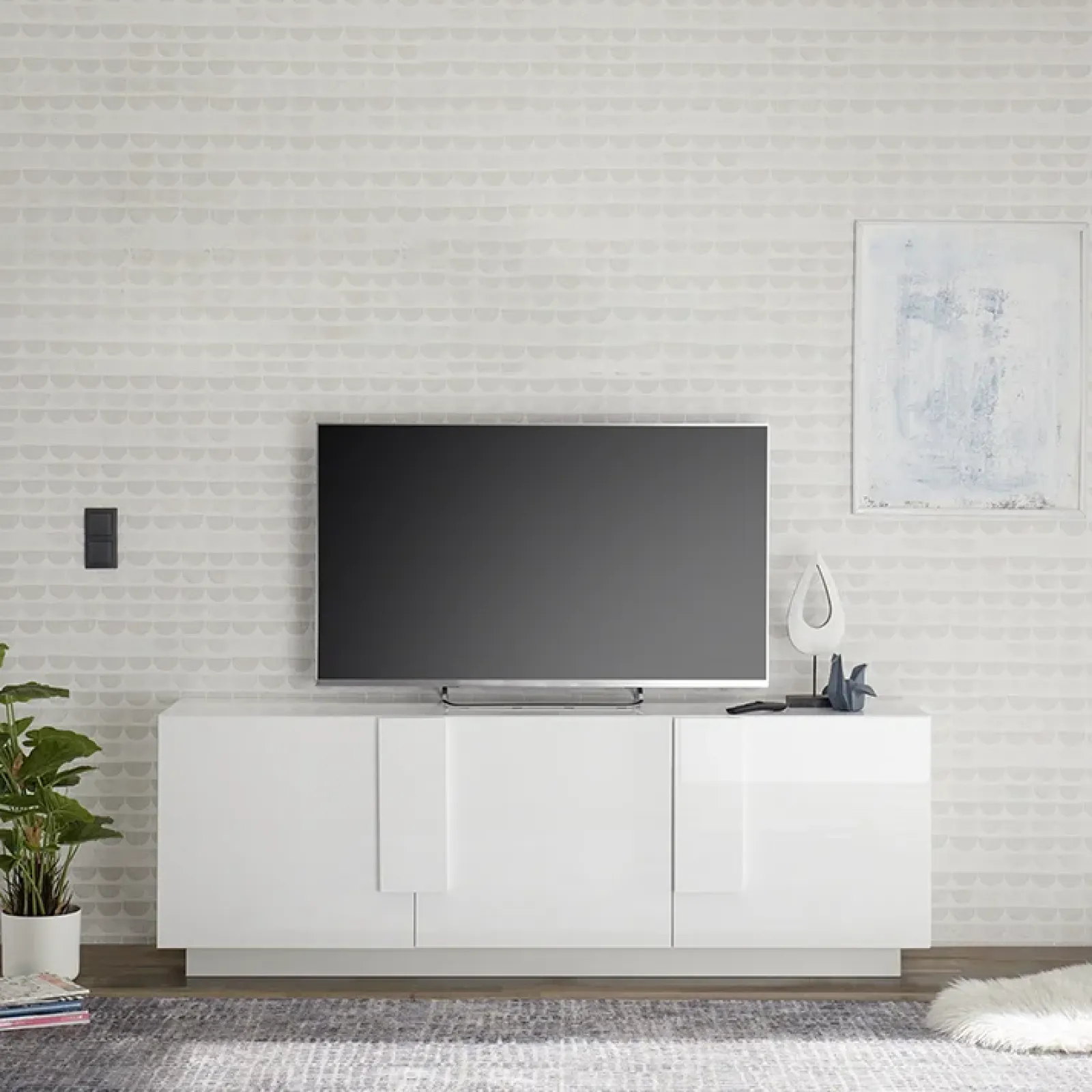 Garnero Arredamenti Mobile Tv Basso|Mobili Tv Moderni-Mobile porta TV 182x63h cm 3 ante moderno bianco laccato lucido Alvarez Bianco Lucido