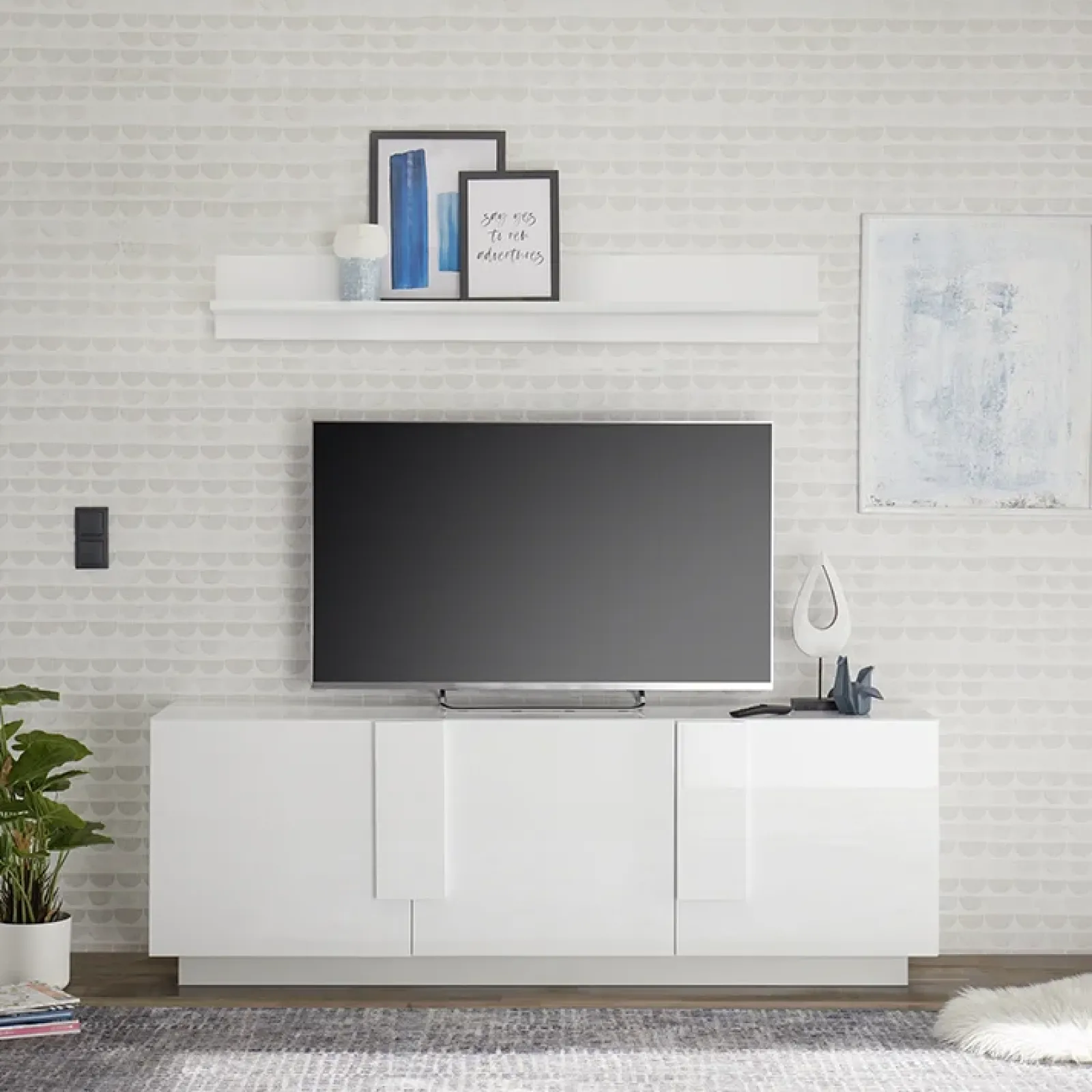 Garnero Arredamenti Mobile Tv Basso|Mobili Tv Moderni-Mobile porta TV 182x63h cm 3 ante moderno bianco laccato lucido Alvarez Bianco Lucido