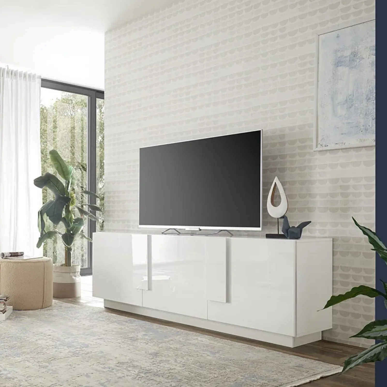 Garnero Arredamenti Mobile Tv Basso|Mobili Tv Moderni-Mobile porta TV 182x63h cm 3 ante moderno bianco laccato lucido Alvarez Bianco Lucido