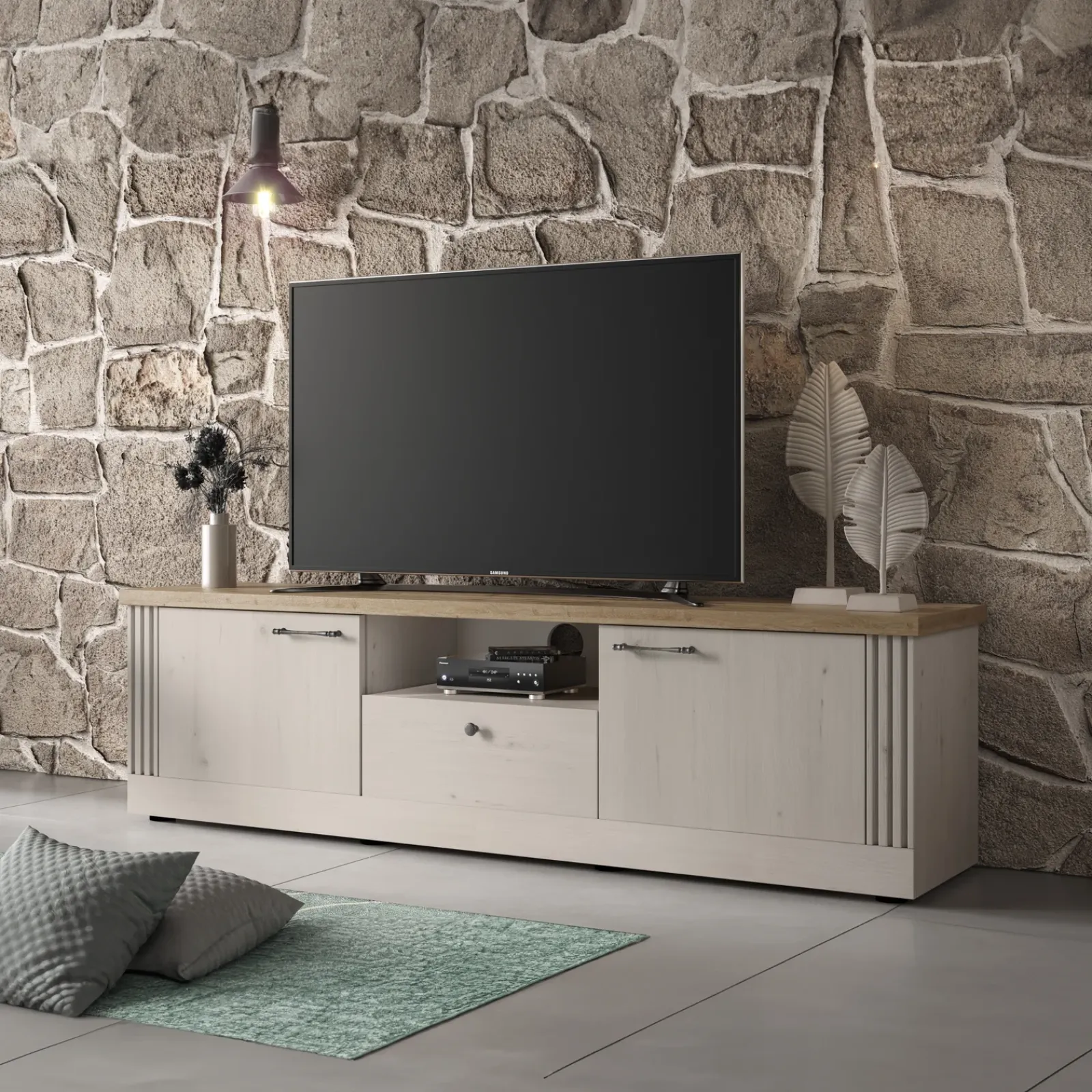 Garnero Arredamenti Mobile Tv Basso-Mobile porta TV 211x58h cm 2 ante 1 cassetto rovere bianco frassinato Armonia