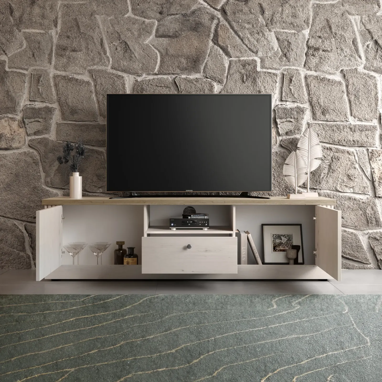 Garnero Arredamenti Mobile Tv Basso-Mobile porta TV 211x58h cm 2 ante 1 cassetto rovere bianco frassinato Armonia
