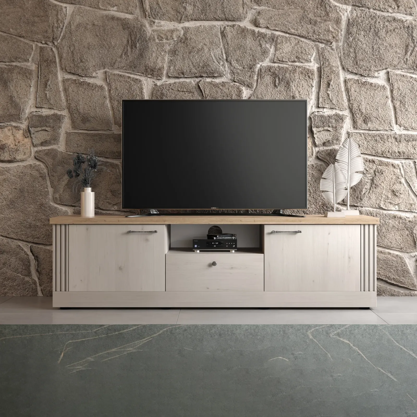 Garnero Arredamenti Mobile Tv Basso-Mobile porta TV 211x58h cm 2 ante 1 cassetto rovere bianco frassinato Armonia