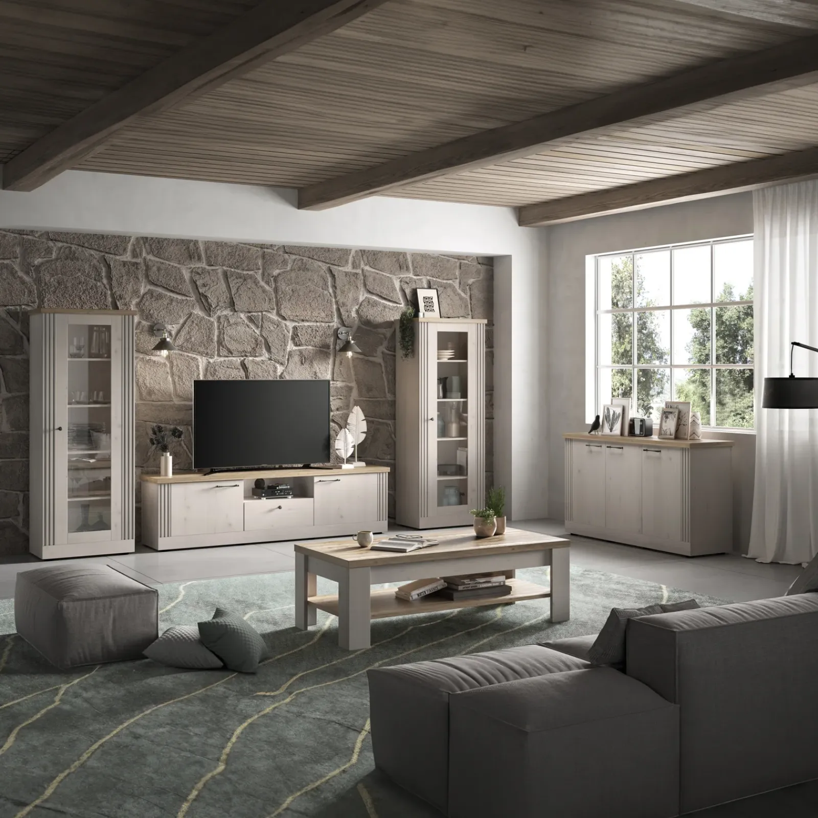 Garnero Arredamenti Mobile Tv Basso-Mobile porta TV 211x58h cm 2 ante 1 cassetto rovere bianco frassinato Armonia