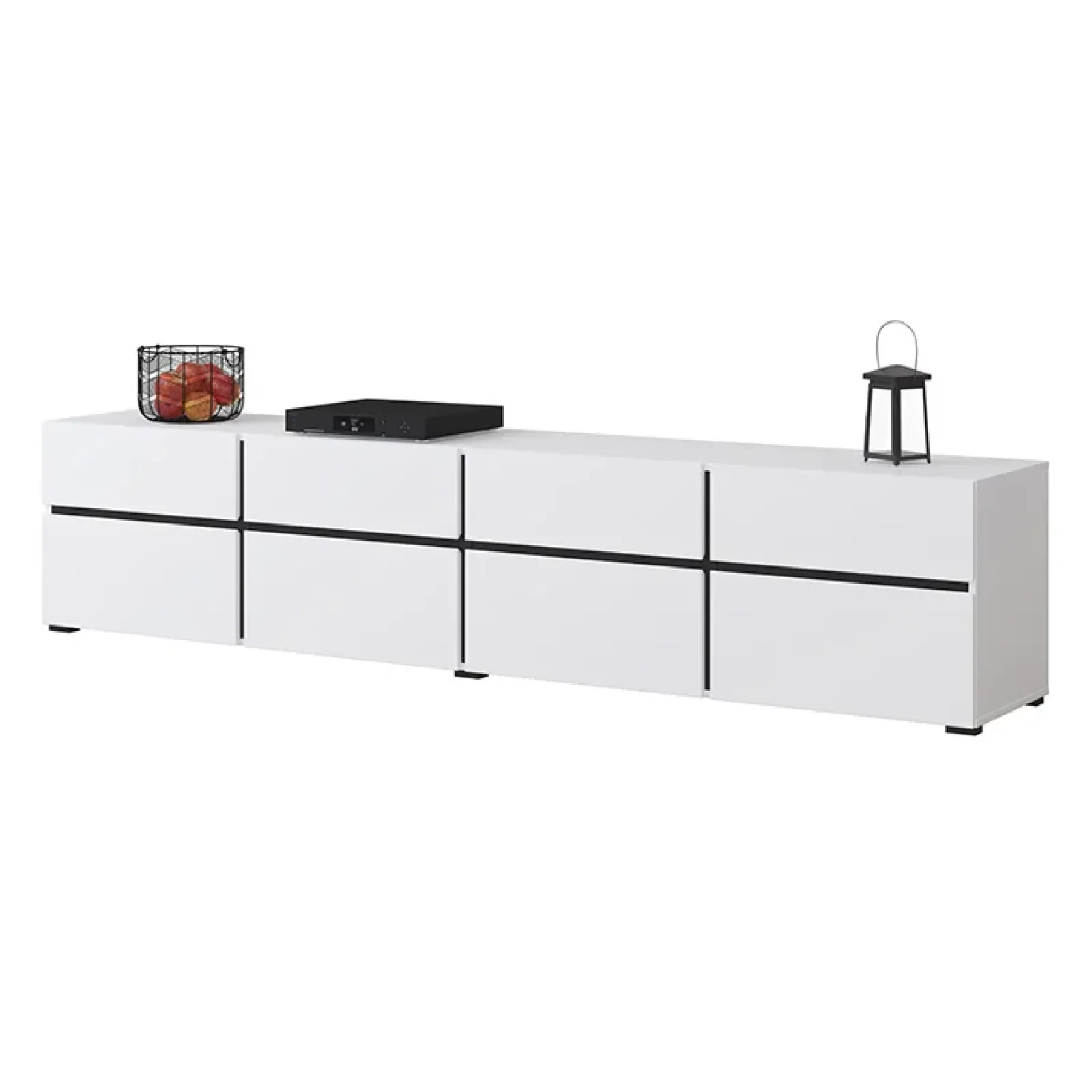 Garnero Arredamenti Mobile Tv Basso|Mobili Tv Moderni-Mobile porta TV 225x48h cm 4 ante a ribalta 4 cassetti moderno nero Lolla Bianco Opaco