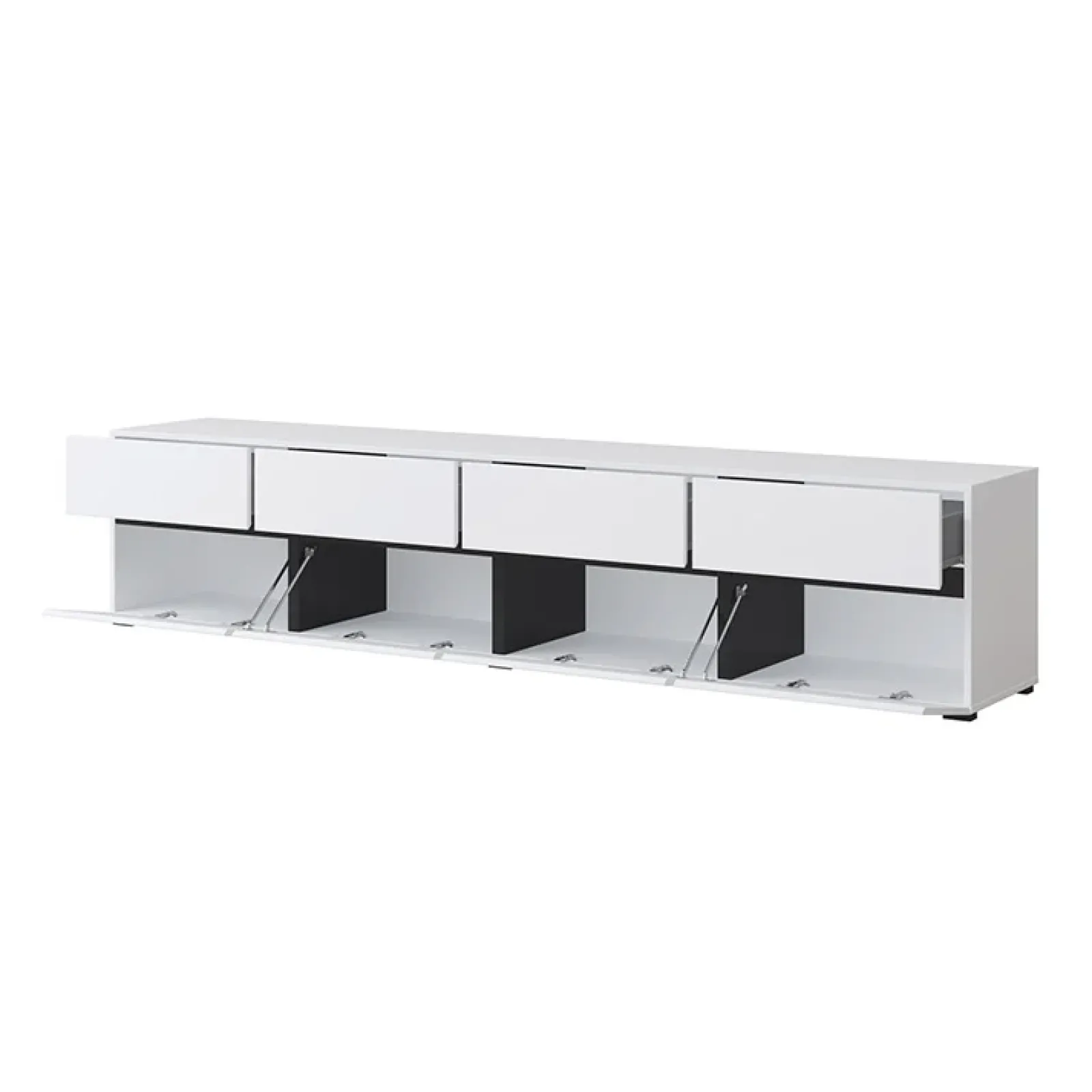 Garnero Arredamenti Mobile Tv Basso|Mobili Tv Moderni-Mobile porta TV 225x48h cm 4 ante a ribalta 4 cassetti moderno nero Lolla Bianco Opaco