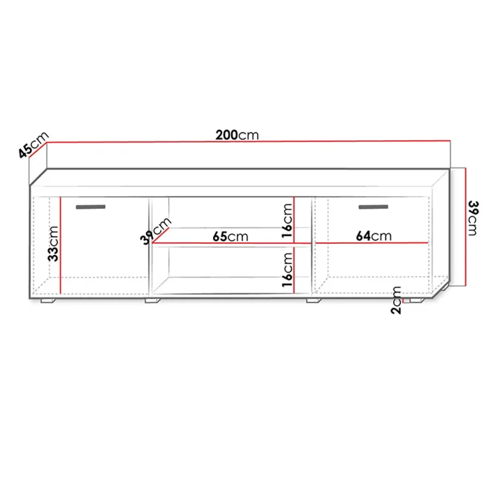 Garnero Arredamenti Mobile Tv Sospeso|Mobili Tv Moderni-Mobile porta TV 200x39h cm 2 ante 2 vani a giorno bianco lucido Nottingham