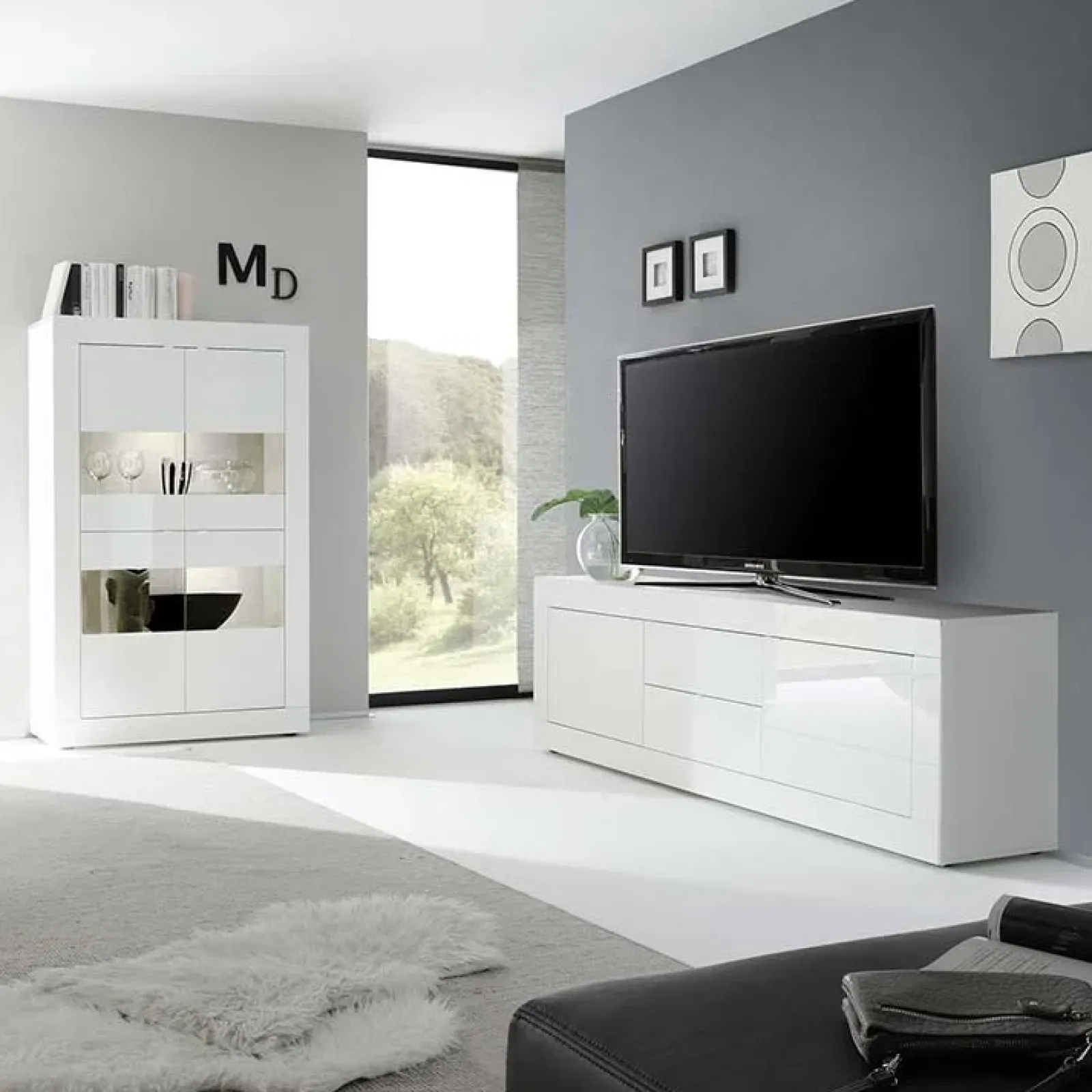 Garnero Arredamenti Mobile Tv Basso|Mobili Tv Moderni-Mobile porta TV 210x66h cm 2 ante 2 cassetti Eternity Bianco Lucido