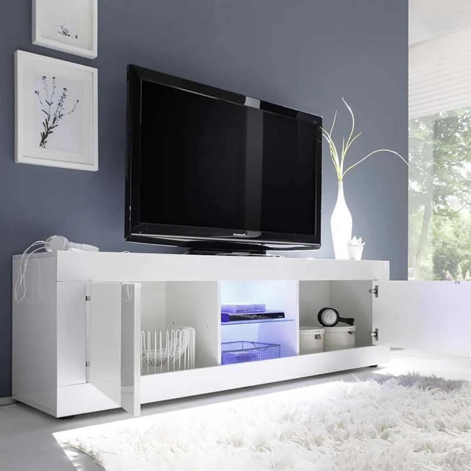 Garnero Arredamenti Mobile Tv Basso|Mobili Tv Moderni-Mobile porta TV 181x56h cm 2 ante 2 vani a giorno bianco lucido Eternity