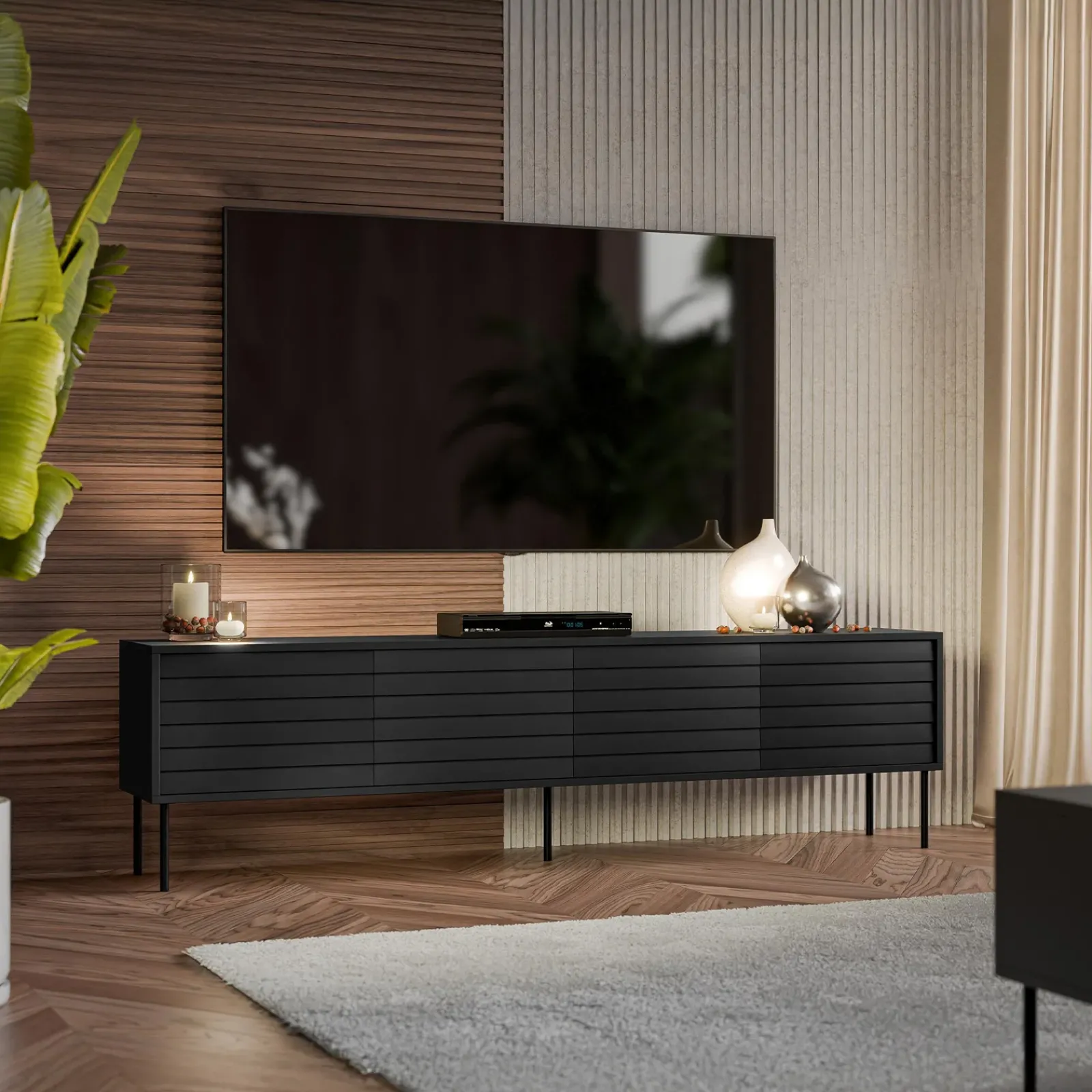 Garnero Arredamenti Mobile Tv Basso|Mobili Tv Moderni-Mobile porta TV 200x60h cm 4 ante nero Wild Nero Opaco