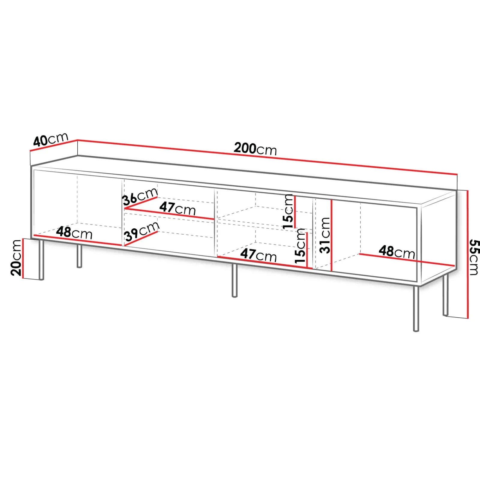 Garnero Arredamenti Mobile Tv Basso|Mobili Tv Moderni-Mobile porta TV 200x60h cm 4 ante nero Wild Nero Opaco