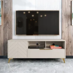 Garnero Arredamenti Mobile Tv Basso|Mobili Tv Moderni-Mobile porta TV 154x60h cm 1 anta 2 cassetti 2 vani a giorno beige con frontali serigrafati Miriam