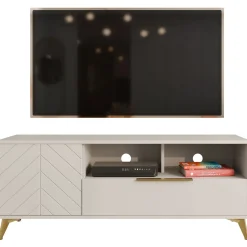 Garnero Arredamenti Mobile Tv Basso|Mobili Tv Moderni-Mobile porta TV 154x60h cm 1 anta 2 cassetti 2 vani a giorno beige con frontali serigrafati Miriam