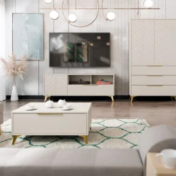 Garnero Arredamenti Mobile Tv Basso|Mobili Tv Moderni-Mobile porta TV 154x60h cm 1 anta 2 cassetti 2 vani a giorno beige con frontali serigrafati Miriam