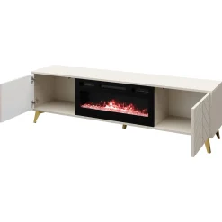 Garnero Arredamenti Camino Elettrico|Mobile Tv Basso-Mobile porta TV 184x53h cm 2 ante con caminetto frontali serigrafati beige nero Miriam