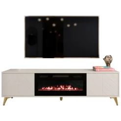 Garnero Arredamenti Camino Elettrico|Mobile Tv Basso-Mobile porta TV 184x53h cm 2 ante con caminetto frontali serigrafati beige nero Miriam