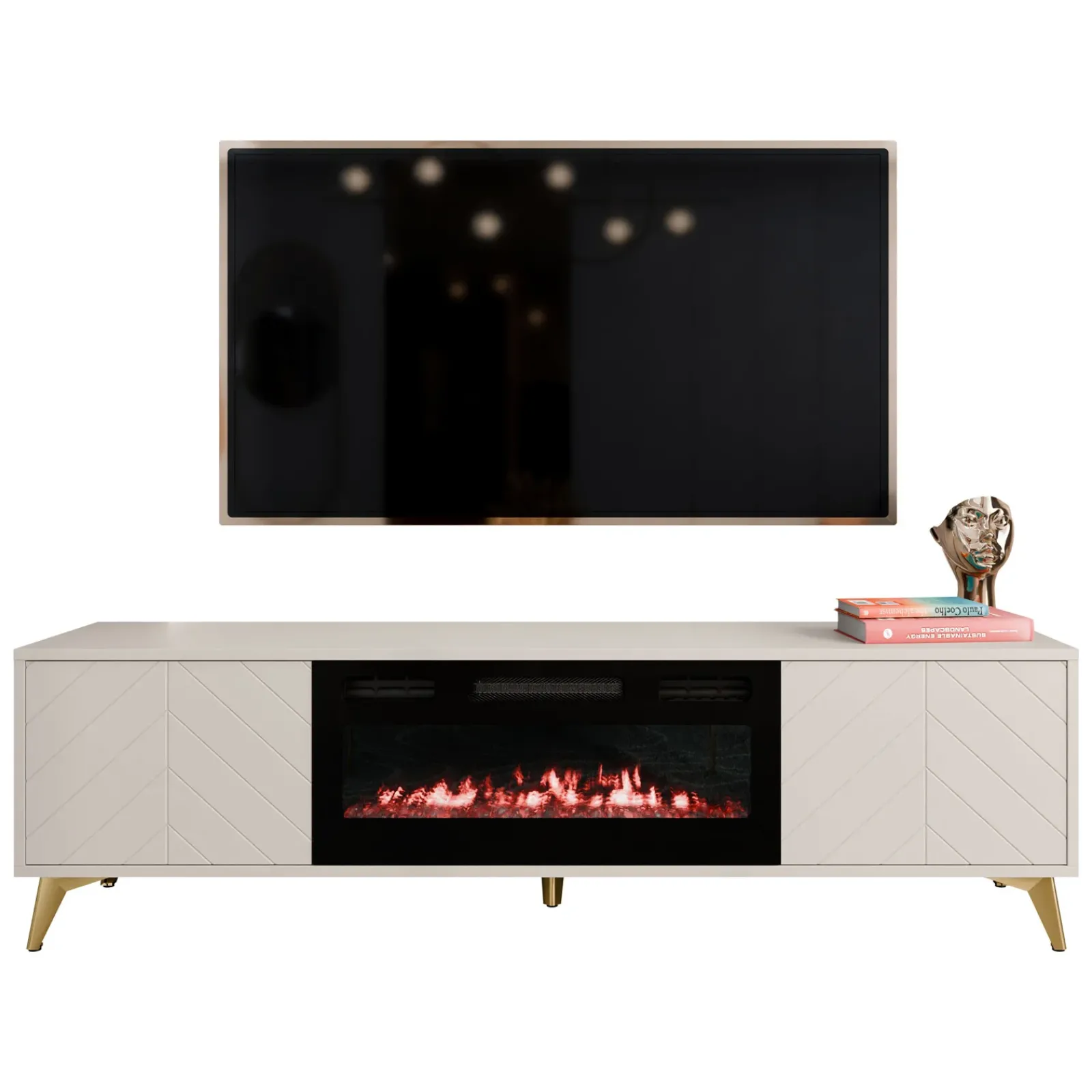 Garnero Arredamenti Camino Elettrico|Mobile Tv Basso-Mobile porta TV 184x53h cm 2 ante con caminetto frontali serigrafati beige nero Miriam
