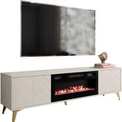 Garnero Arredamenti Camino Elettrico|Mobile Tv Basso-Mobile porta TV 184x53h cm 2 ante con caminetto frontali serigrafati beige nero Miriam