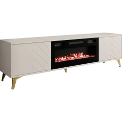 Garnero Arredamenti Camino Elettrico|Mobile Tv Basso-Mobile porta TV 184x53h cm 2 ante con caminetto frontali serigrafati beige nero Miriam