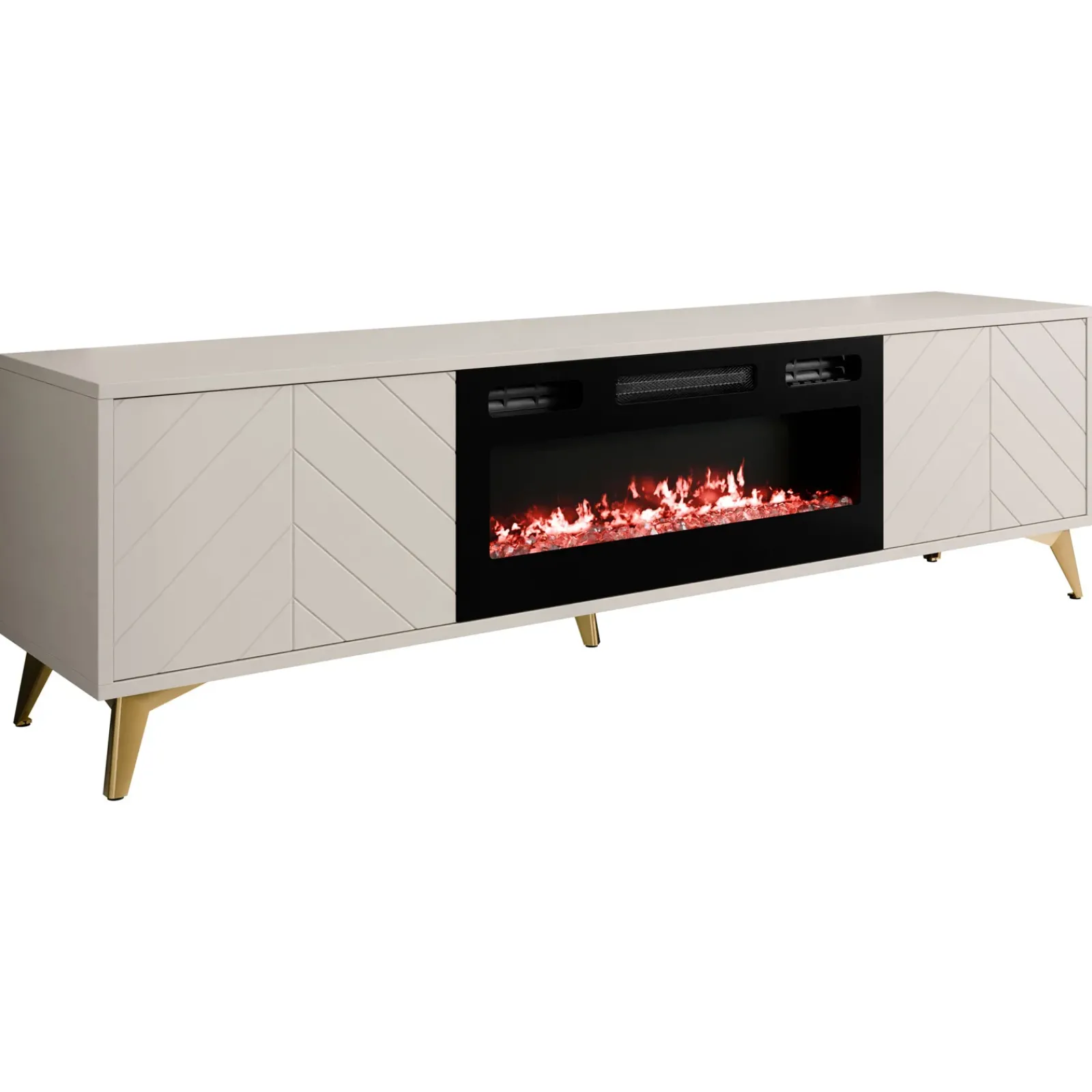 Garnero Arredamenti Camino Elettrico|Mobile Tv Basso-Mobile porta TV 184x53h cm 2 ante con caminetto frontali serigrafati beige nero Miriam