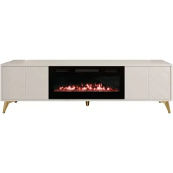 Garnero Arredamenti Camino Elettrico|Mobile Tv Basso-Mobile porta TV 184x53h cm 2 ante con caminetto frontali serigrafati beige nero Miriam