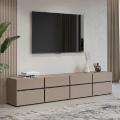 Garnero Arredamenti Mobile Tv Basso|Mobili Tv Moderni-Mobile porta TV 225x48h cm 4 ante a ribalta 4 cassetti moderno nero Lolla Tortora