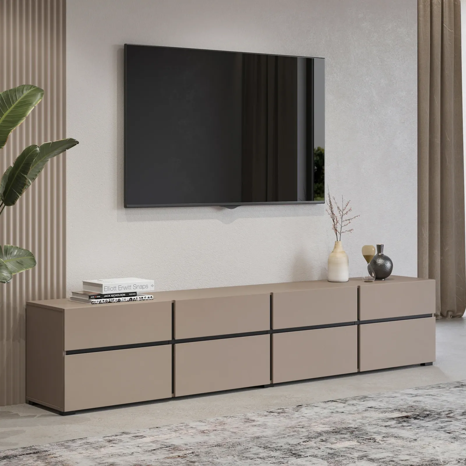 Garnero Arredamenti Mobile Tv Basso|Mobili Tv Moderni-Mobile porta TV 225x48h cm 4 ante a ribalta 4 cassetti moderno nero Lolla Tortora