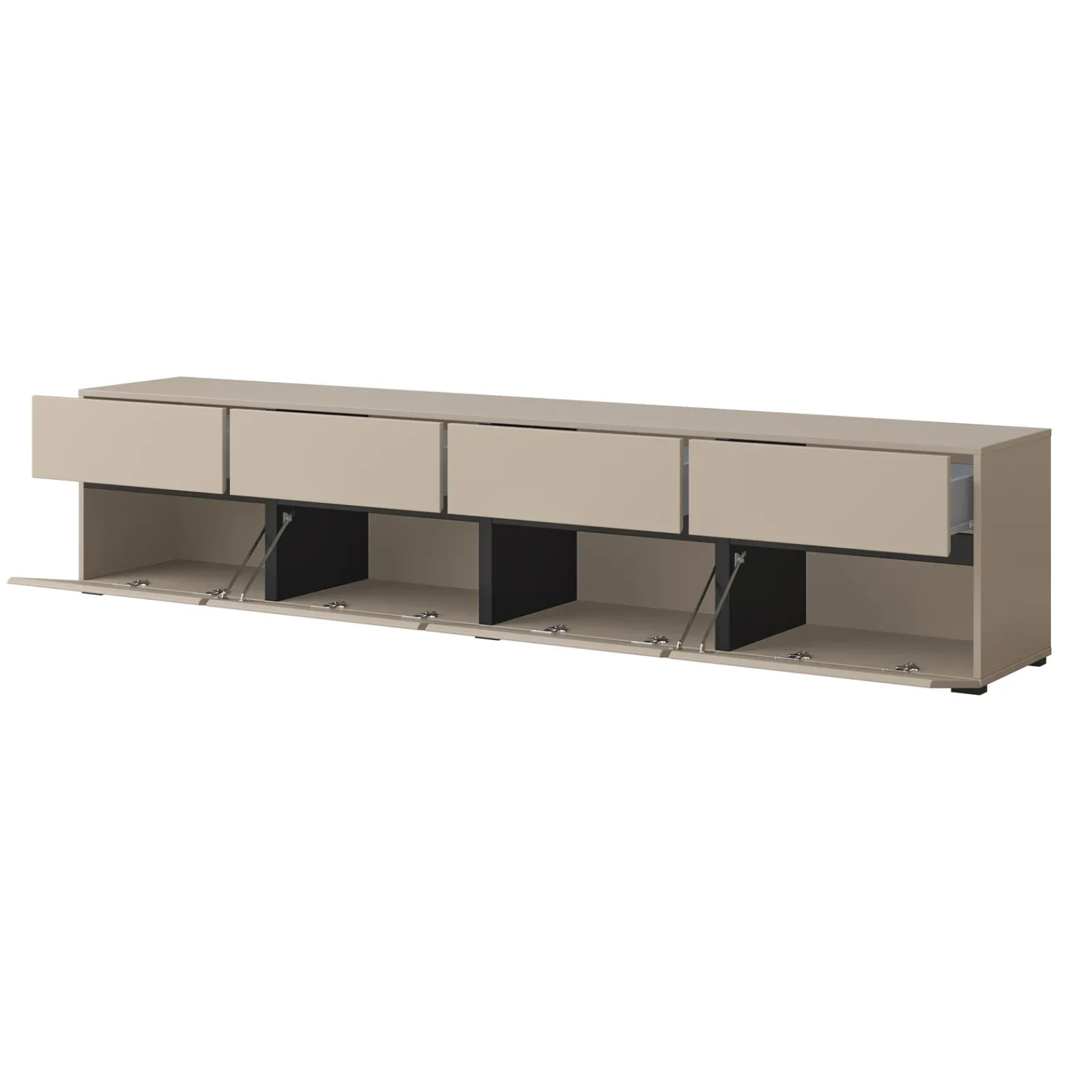 Garnero Arredamenti Mobile Tv Basso|Mobili Tv Moderni-Mobile porta TV 225x48h cm 4 ante a ribalta 4 cassetti moderno nero Lolla Tortora