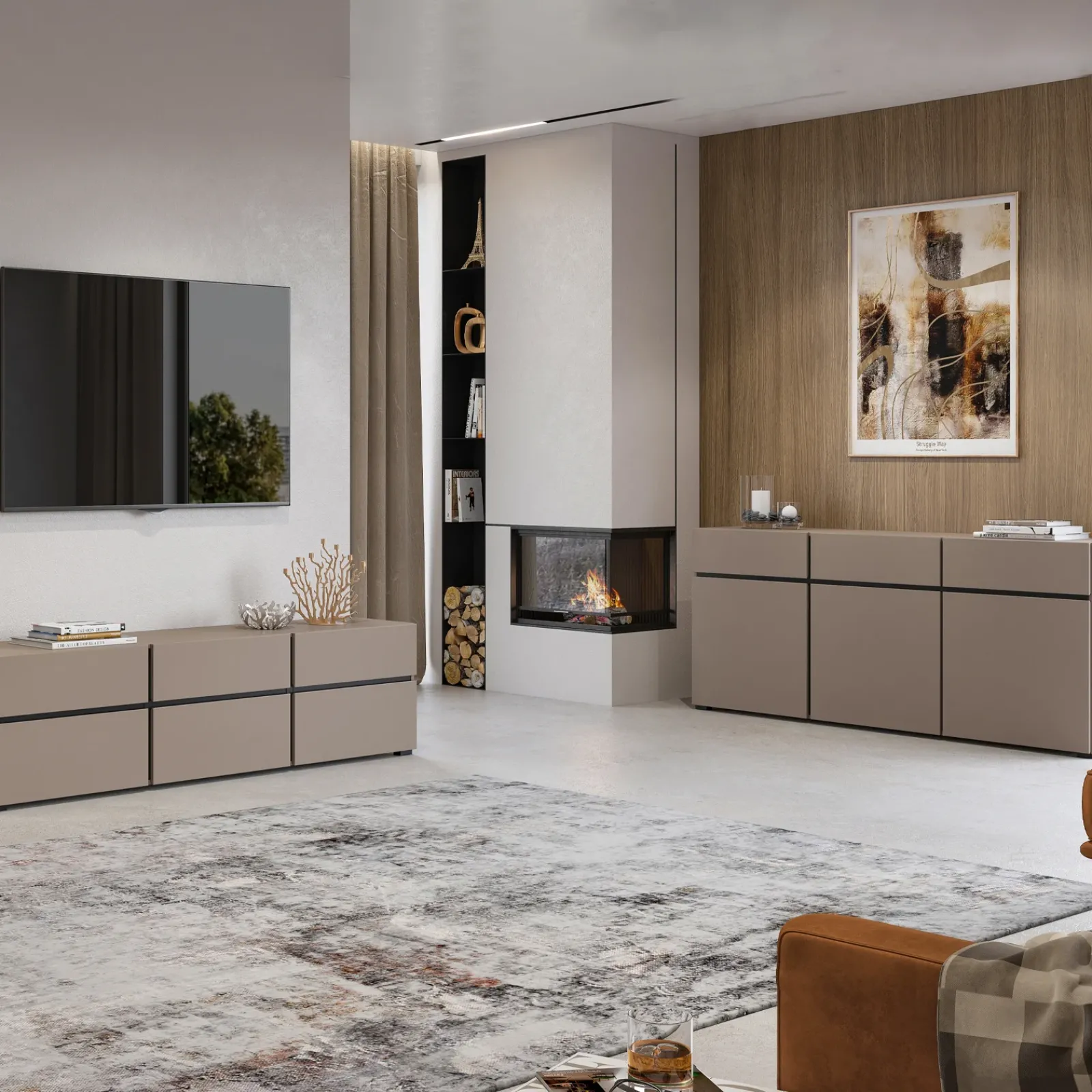 Garnero Arredamenti Mobile Tv Basso|Mobili Tv Moderni-Mobile porta TV 225x48h cm 4 ante a ribalta 4 cassetti moderno nero Lolla Tortora