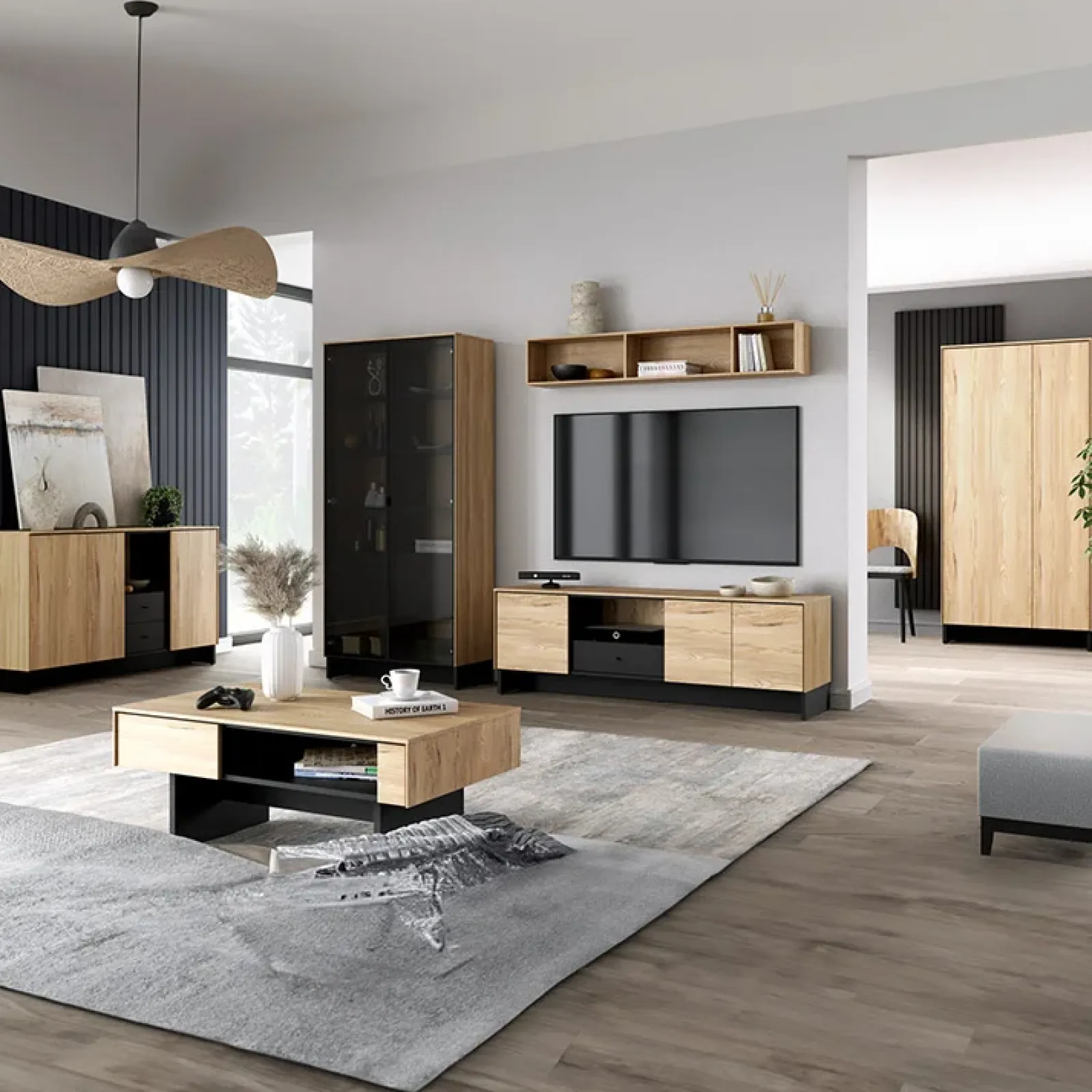 Garnero Arredamenti Mobili Tv Moderni|Mobile Tv Moderno-Mobile porta TV 163x54h cm 2 ante 1 cassetto 1 vano a giorno rovere nero Alabaster