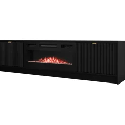Garnero Arredamenti Camino Elettrico|Mobile Tv Sospeso-Mobile porta TV 182x48h cm 2 ante con caminetto nero cannettato Athena Nero Opaco