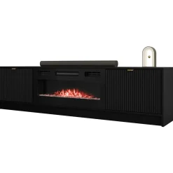 Garnero Arredamenti Camino Elettrico|Mobile Tv Sospeso-Mobile porta TV 182x48h cm 2 ante con caminetto nero cannettato Athena Nero Opaco