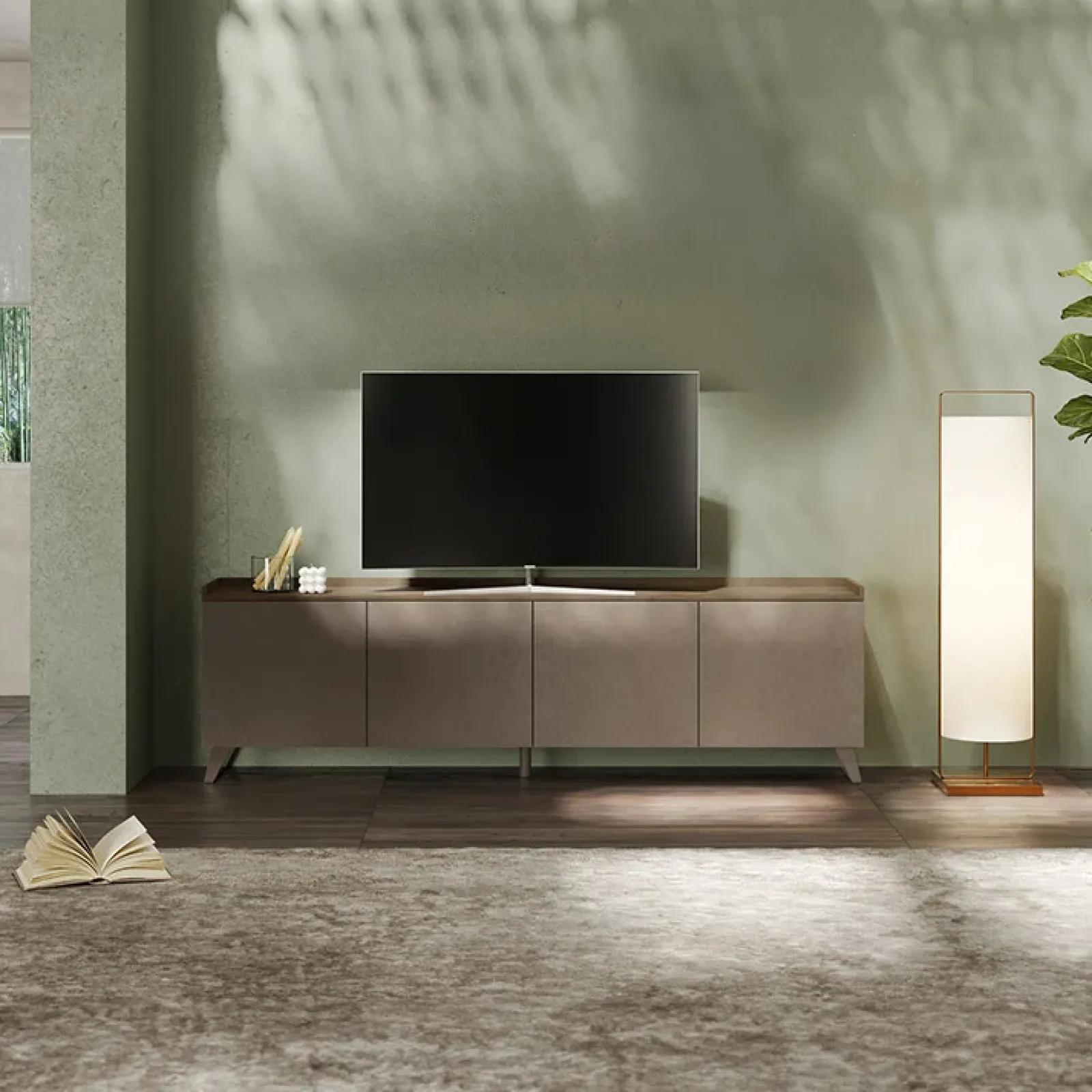 Garnero Arredamenti Mobile Tv Basso|Mobili Tv Moderni-Mobile porta TV 241x72h cm 4 ante bronzo rovere scuro Jonson Tortora - Noce