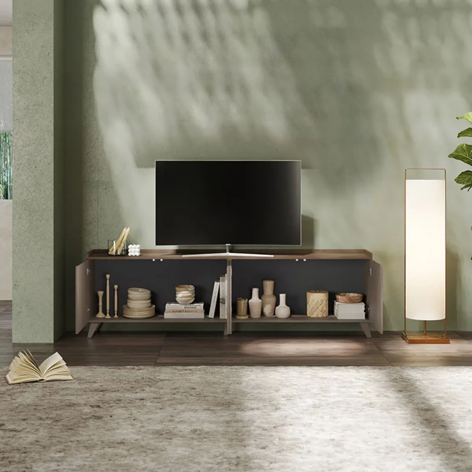 Garnero Arredamenti Mobile Tv Basso|Mobili Tv Moderni-Mobile porta TV 241x72h cm 4 ante bronzo rovere scuro Jonson Tortora - Noce