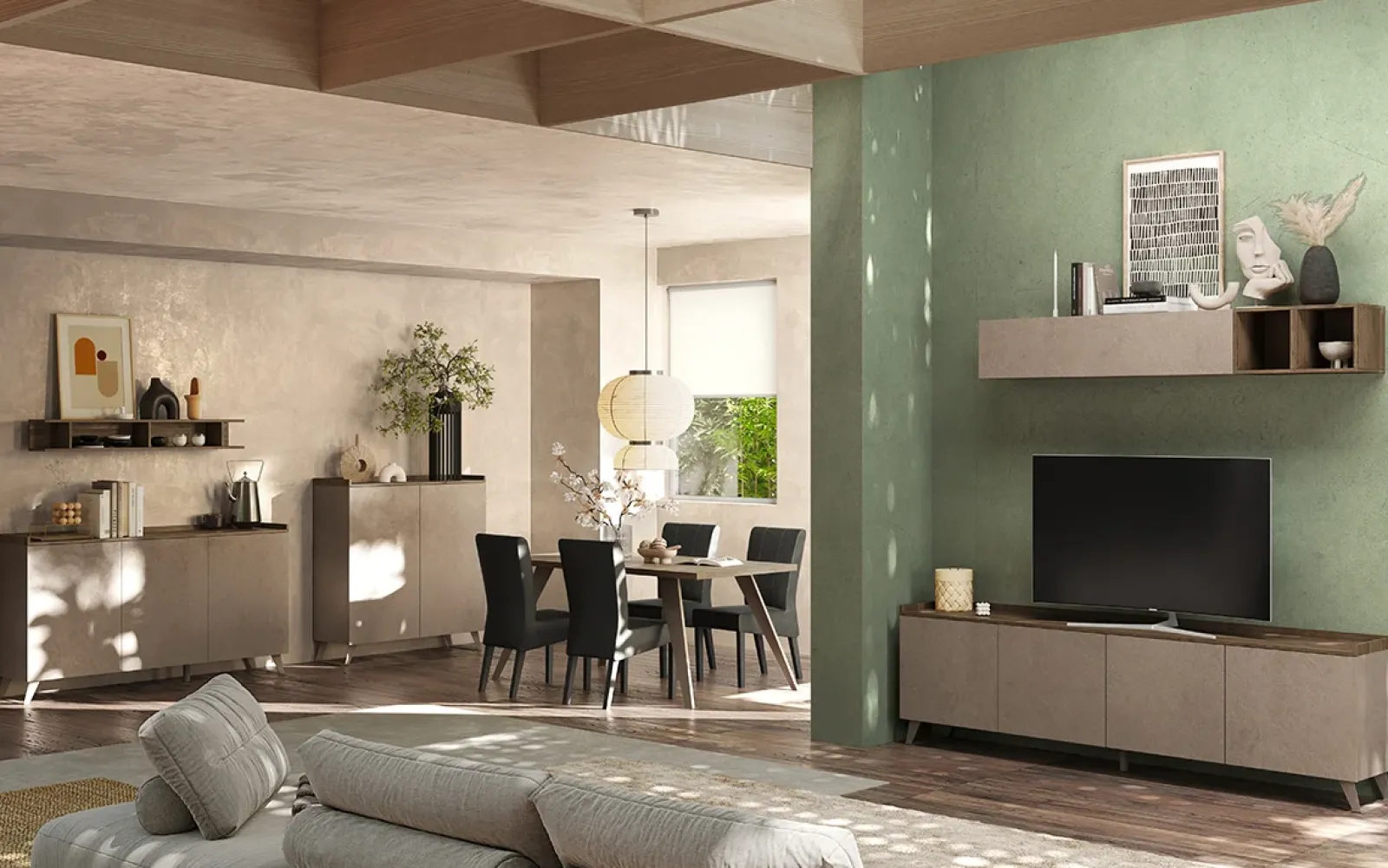 Garnero Arredamenti Mobile Tv Basso|Mobili Tv Moderni-Mobile porta TV 241x72h cm 4 ante bronzo rovere scuro Jonson Tortora - Noce
