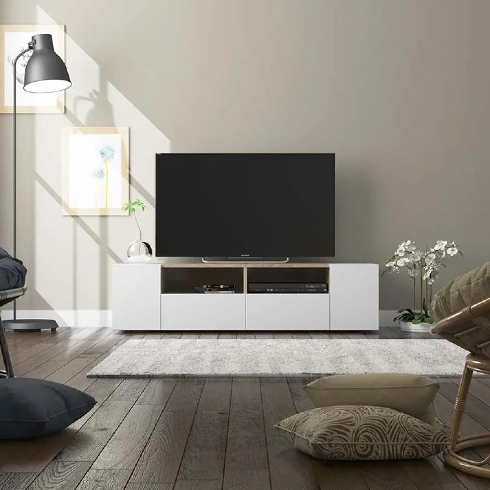 Garnero Arredamenti Mobile Tv Basso|Mobili Tv Moderni-Mobile porta TV 138x36h cm 4 ante soggiorno bianco opaco rovere Ted