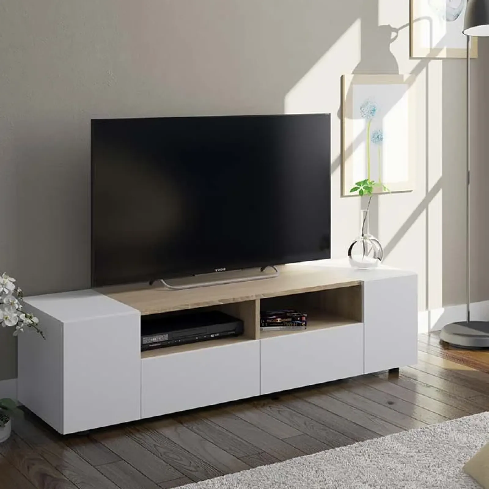 Garnero Arredamenti Mobile Tv Basso|Mobili Tv Moderni-Mobile porta TV 138x36h cm 4 ante soggiorno bianco opaco rovere Ted