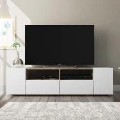 Garnero Arredamenti Mobile Tv Basso|Mobili Tv Moderni-Mobile porta TV 138x36h cm 4 ante soggiorno bianco opaco rovere Ted