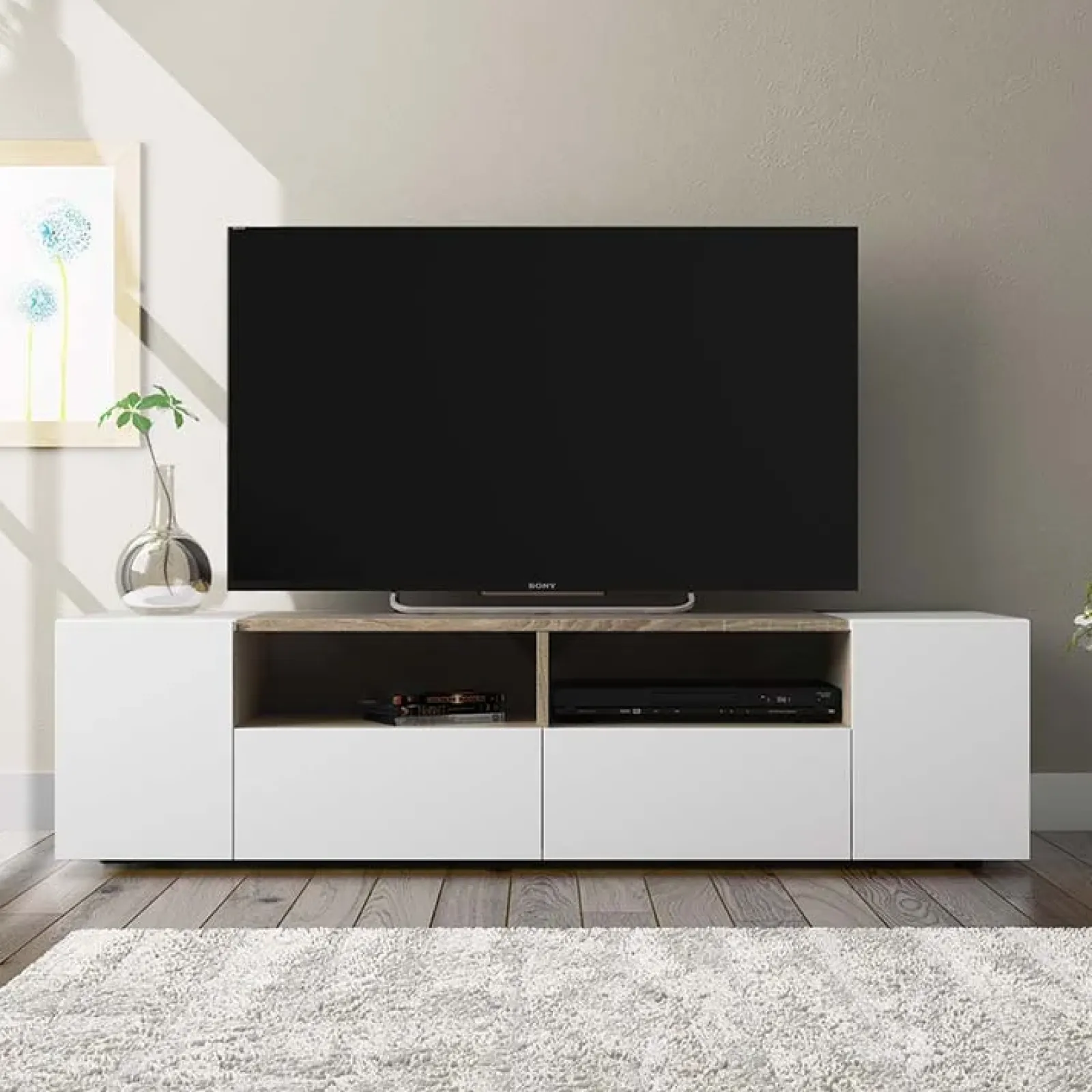 Garnero Arredamenti Mobile Tv Basso|Mobili Tv Moderni-Mobile porta TV 138x36h cm 4 ante soggiorno bianco opaco rovere Ted