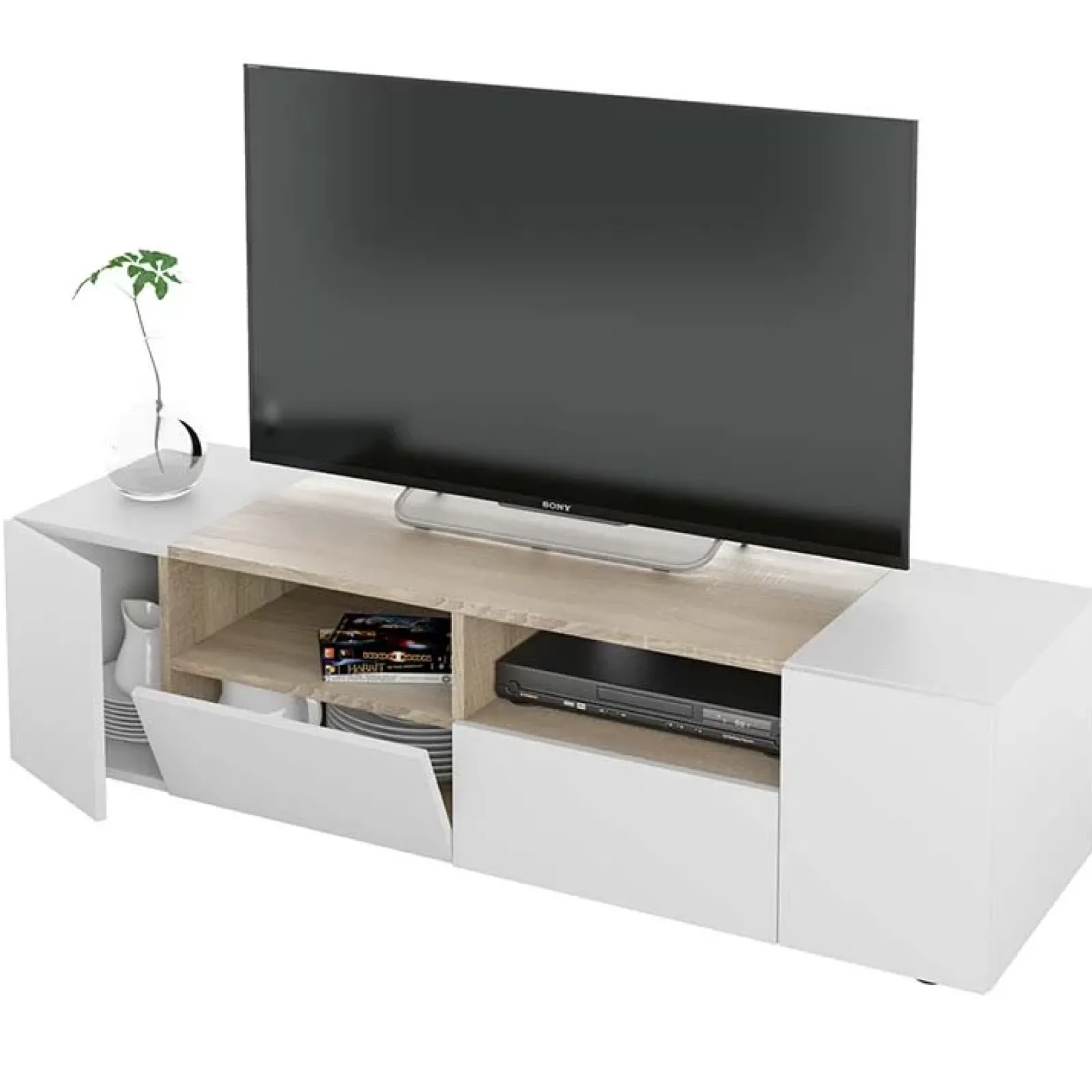 Garnero Arredamenti Mobile Tv Basso|Mobili Tv Moderni-Mobile porta TV 138x36h cm 4 ante soggiorno bianco opaco rovere Ted