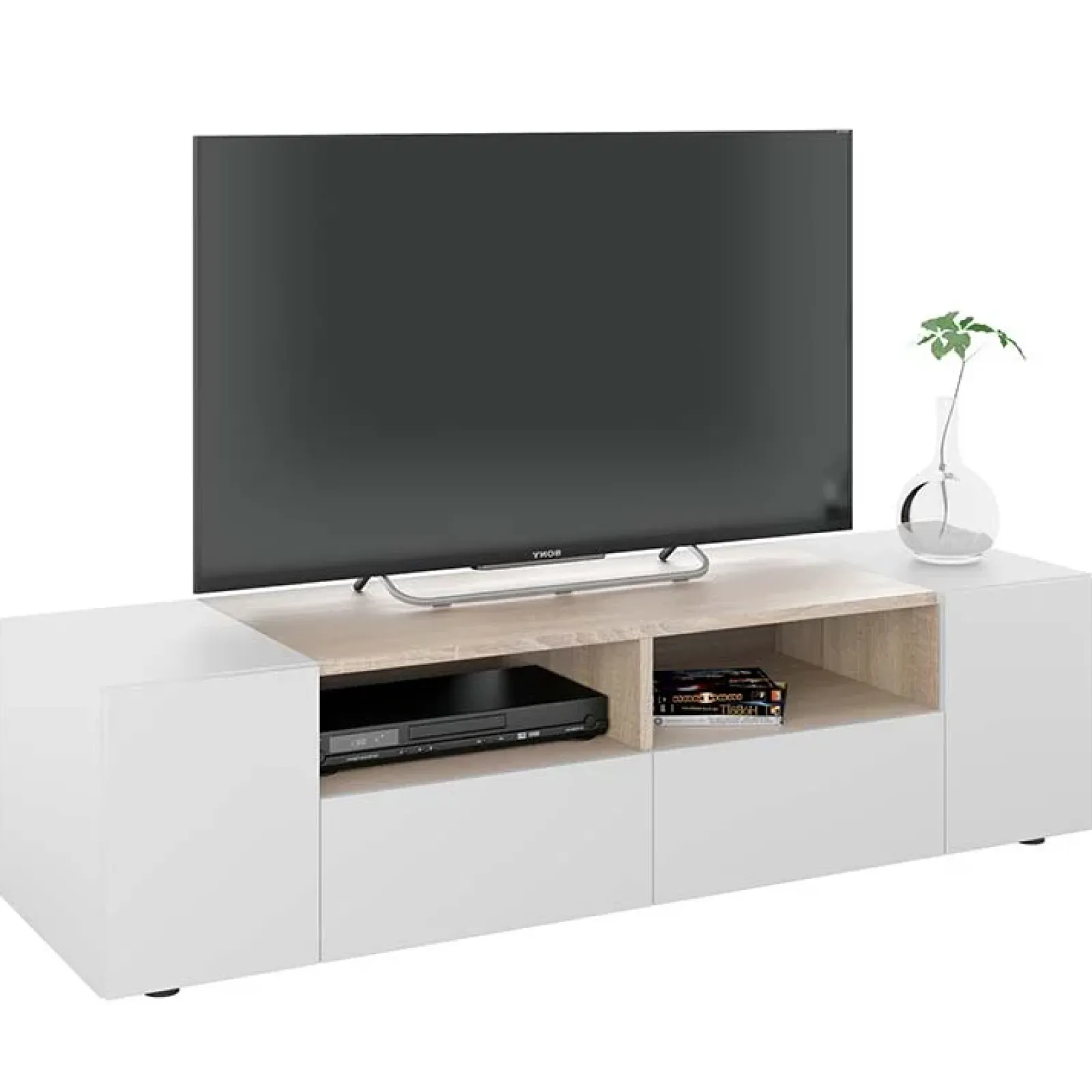 Garnero Arredamenti Mobile Tv Basso|Mobili Tv Moderni-Mobile porta TV 138x36h cm 4 ante soggiorno bianco opaco rovere Ted