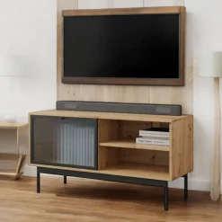 Garnero Arredamenti Mobile Tv Basso|Mobili Tv Moderni-Mobile porta TV 117x60h cm 1 anta 2 vani a giorno rovere nero Herning