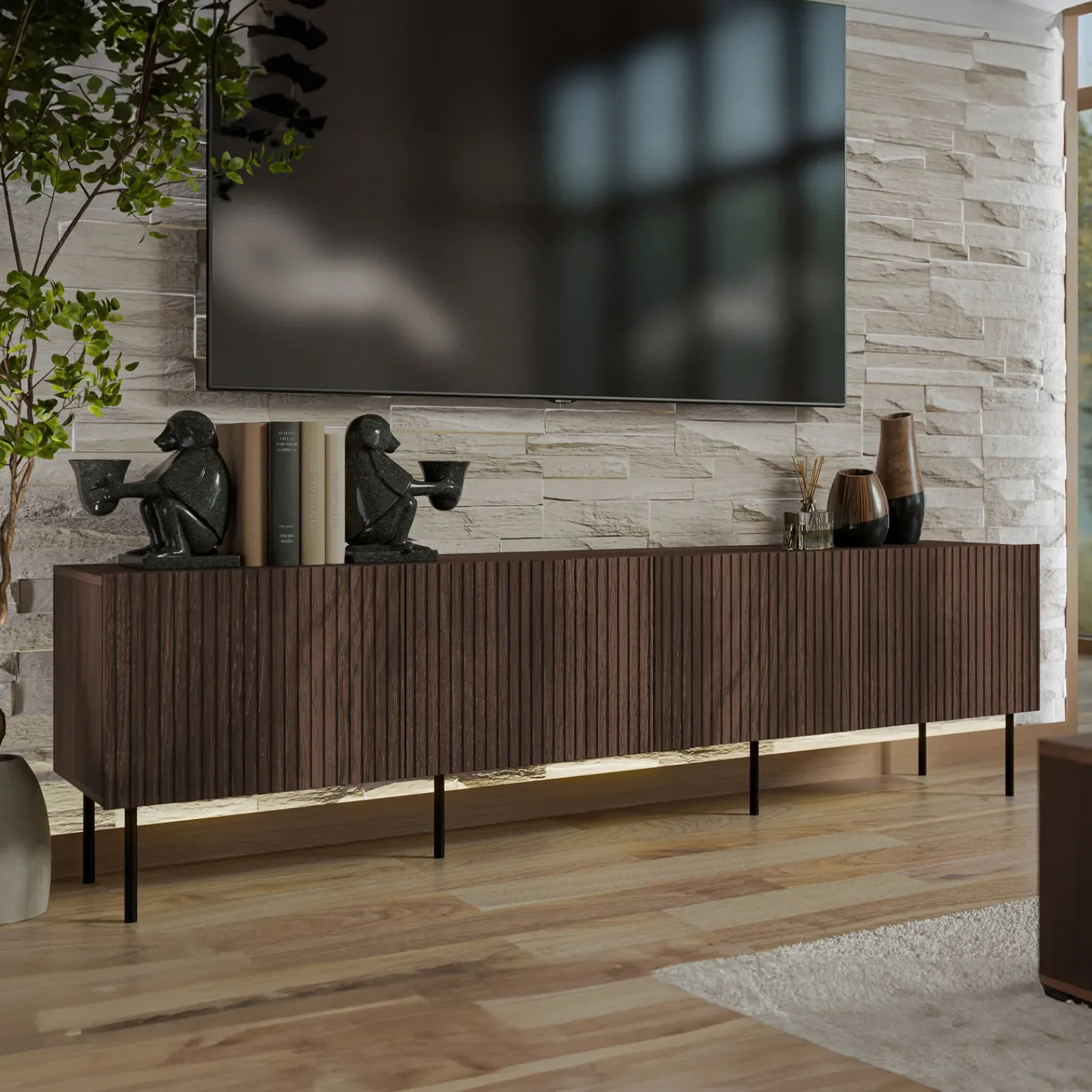 Garnero Arredamenti Mobile Tv Basso|Mobili Tv Moderni-Mobile porta TV 201x58h cm 4 ante noce cannettato Gabiot