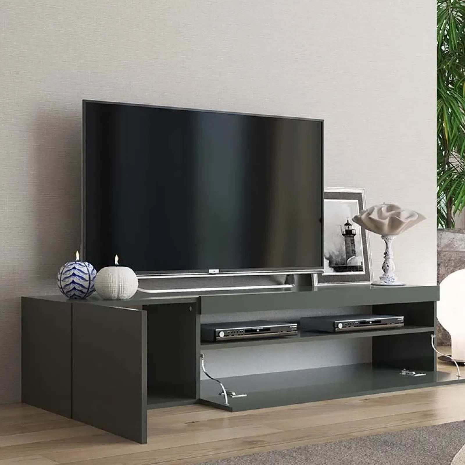 Garnero Arredamenti Mobile Tv Basso|Mobili Tv Moderni-Mobile porta TV 155x37h cm 1 anta laccato lucido Light Small Gihome® Antracite