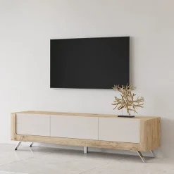 Garnero Arredamenti Mobile Tv Basso-Mobile porta TV 200x52h cm 2 ante 1 cassetto rovere tortora lucido Jumbo Tortora - Rovere