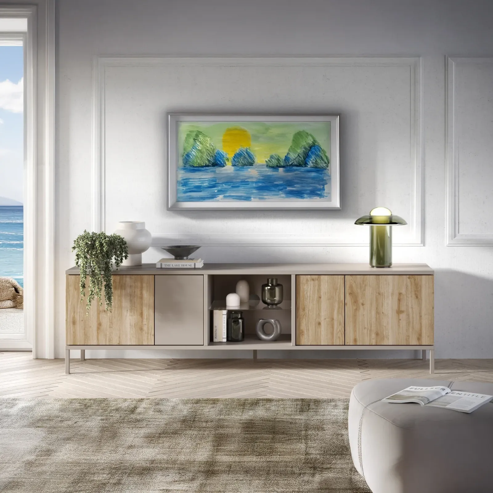 Garnero Arredamenti Mobile Tv Basso-Mobile porta TV 210x59h cm 4 ante 2 vani moderno rovere chiaro beige Silka