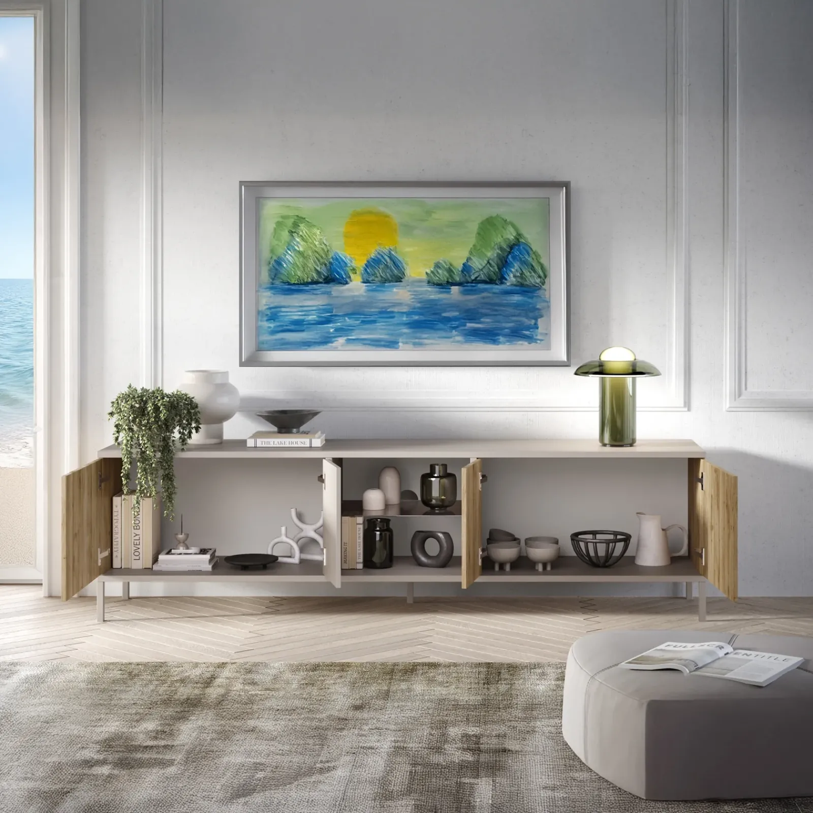 Garnero Arredamenti Mobile Tv Basso-Mobile porta TV 210x59h cm 4 ante 2 vani moderno rovere chiaro beige Silka