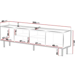 Garnero Arredamenti Mobile Tv Basso-Mobile porta TV 200x59h cm 4 ante con frontali decorati nero Daniele Nero Opaco