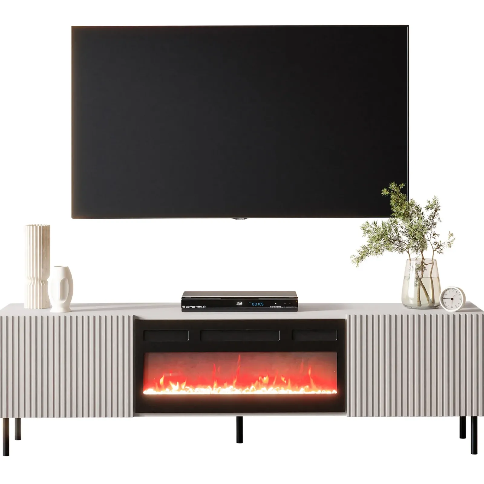 Garnero Arredamenti Camino Elettrico|Mobile Tv Basso-Mobile porta TV 181x53h cm 2 ante con caminetto con frontali cannettati beige Ziggy